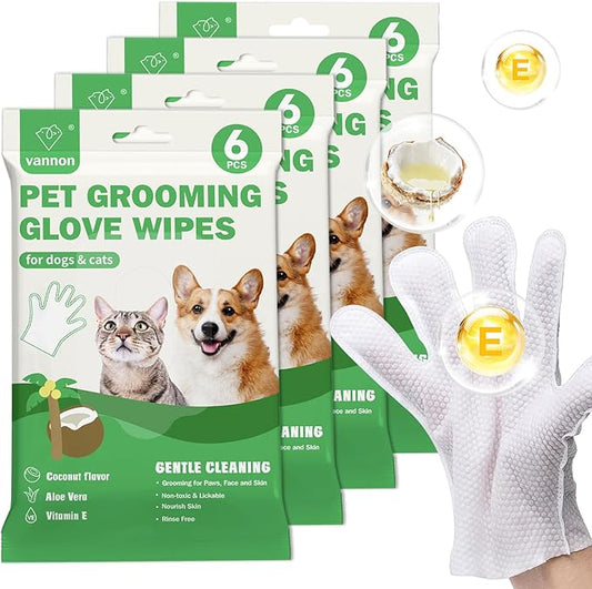 Vannon Extra Thick Pet Bathing Wipes for Dogs & Cats, Cleaning & Odor-Controlling Grooming Gloves, Nourish Fur Glove Wipes for Daily Care and Traveling, Rinse Free, Coconut Scent, 4 Pack, 24 PCS