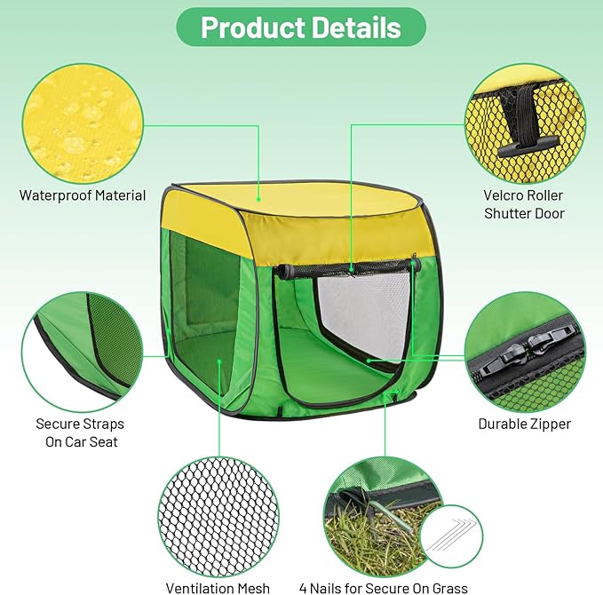 Travel Dog Crate Portable Dog Kennel for Small Dogs Pop Up Soft Dog Enclosure Indoor Outdoor for Medium Dogs Pets Foldable Crate(Green and Yellow-Medium)