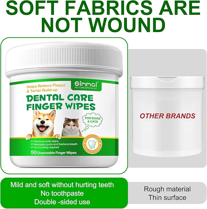 Teeth Cleaning Wipes for Dogs & Cats, Reduces Plaque & Freshens Breath Finger Wipes, Disposable Gentle Cleaning & Gum Care Pet Wipes (50PCS-Finger Cots)