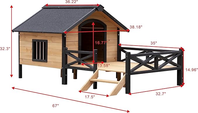 Outdoor Wooden Cabin House Style Wooden Dog Kennel with Porch Outdoor Dog House Weatherproof Dog Kennel for Medium/Small Dogs Brown