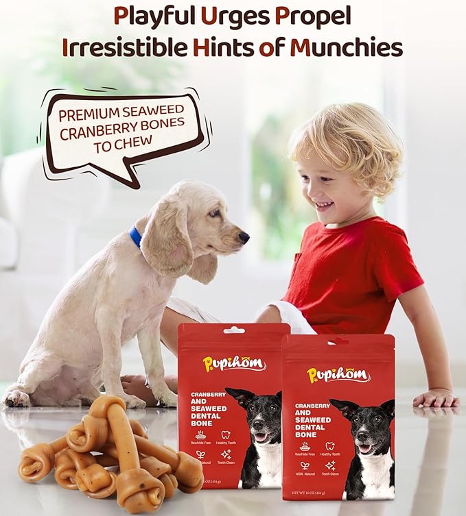 Large 6.5" Cranberry and Seaweed Chewy Bones Dog Treats,16OZ Rawhide Free Dog Treats 6 Packs Dog Chewy Treats for Aggressive Chewers Medium and Large Dogs
