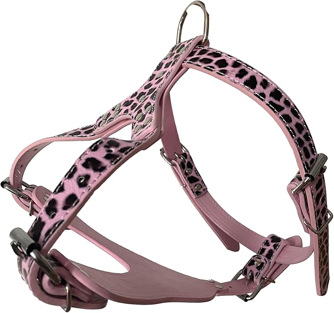 Leather Dog Harness Chest for 26"~34" Large Dogs Pitbull Mastiff Boxer Bully Black/Pink/Red/Gold Brown/Leopard/Brown (Lropard)