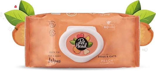 Pet Head Quick Fix Paw and Body Wipes for Cats and Dogs | Peach Scent with Aloe Vera | Biodegradable Pet Hygiene Cleaning Wipes | pH-Neutral | Vegan | for an Easy & Speedy Freshen-Up | 80 Pack