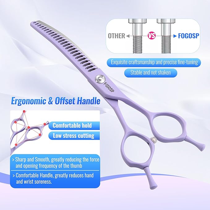 Curved Chunkers Dog Grooming Scissors 6.5" Macarone Series Professional Pet Grooming Shears for Small Dogs Pets Japan 440C Stainless Steel Sharp & Durable(Purple, 24Teeth Curved Thinners)