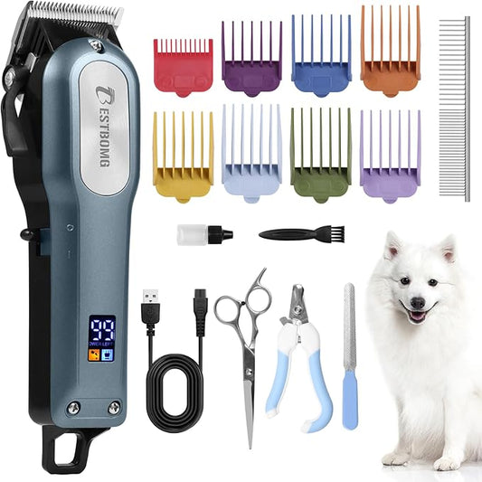 BESTBOMG Professional Dog Grooming Clippers for Thick Heavy Coats Low Noise High Power Rechargeable LED Display Cordless Pet Shaver for Small & Large Dogs Cats