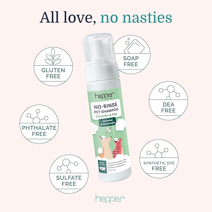 Hepper Waterless No Rinse Dry Shampoo for Dogs, Cats, and Other Pets. Dry Shampoo Foam in Only One Pump. No Rinse, No Bath, No Fuss —Just Brush. Dog/Cat Wash for The Difficult Dirty Pet