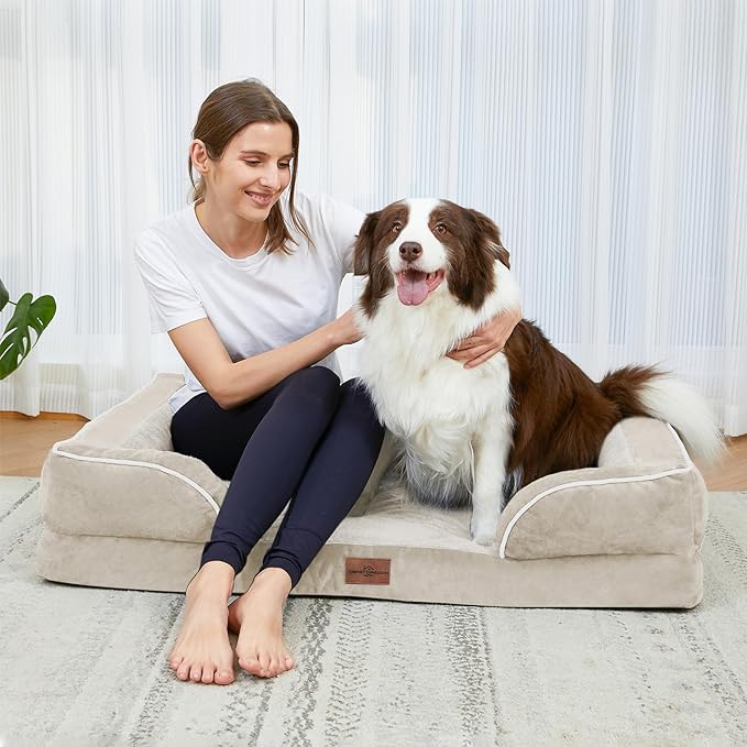 Waterproof Dog Beds for Large Breed Dogs, Large Dog Beds Orthopedic Foam, Comfy Pet Bed Sofa with Washable Removable Cover & Non-Slip Bottom(Large,Beige)