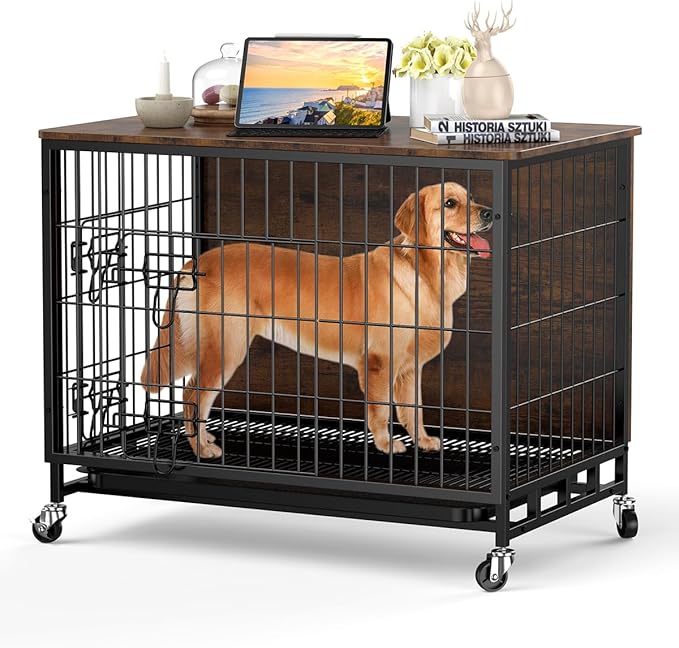 Dog Crate Furniture, Dog Kennel Indoor Double Doors Wooden Dog Cage, 32'' Dog Crate with Pull-Out Tray & Removable Wheels, Decorative End Table Pet House Chew-Resistant for Medium Dog, Rustic Brown
