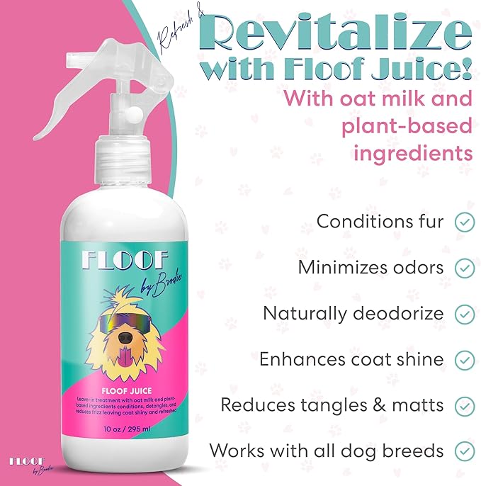 Floof Juice Dry Shampoo for Dogs - Hypoallergenic Conditioning Detangling - No Rinse Spray for Odor Control for Smelly Dogs, Waterless - Made in USA (10oz)