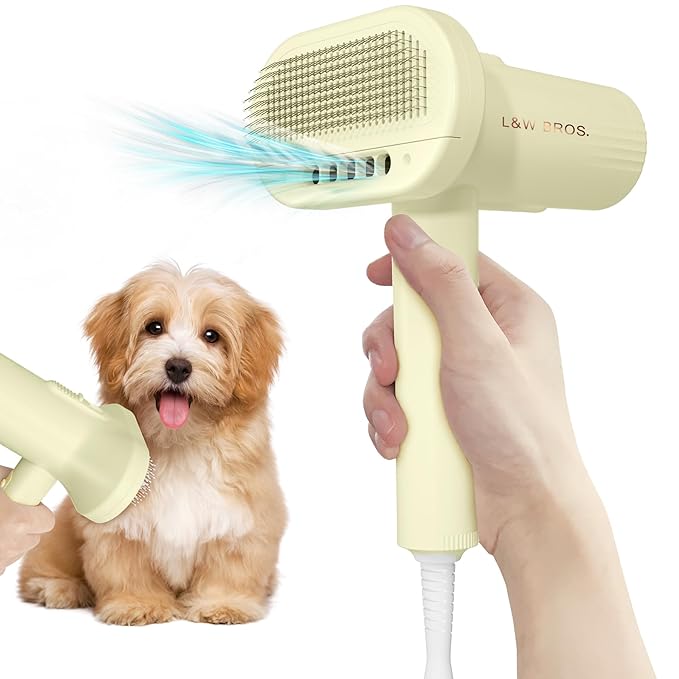 L&W BROS. Quiet Pet Grooming Dryer with Brush, Adjustable Temperature, and Overheating Protection for Small Dogs and Puppies (Light Yellow)