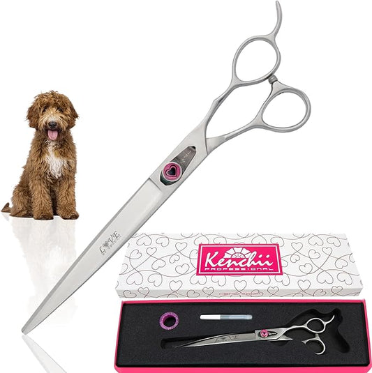Kenchii Love Left Handed Dog Grooming Scissors, 8 Inch Curved Shears, Dog Scissors for Grooming, Professional Pet Grooming Scissors, Curved Dog Grooming Scissors