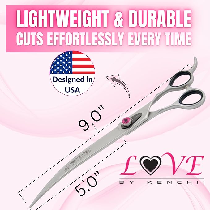 Kenchii Love Left Handed Dog Grooming Scissors, 9 Inch Curved Shears, Dog Scissors for Grooming, Professional Pet Grooming Scissors, Curved Dog Grooming Scissors