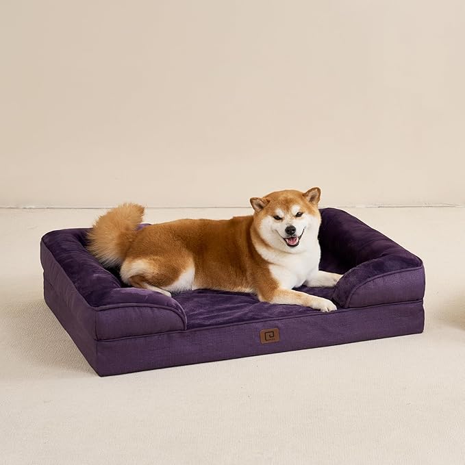 EHEYCIGA Orthopedic Dog Beds for Large Dogs, Waterproof Memory Foam Large Dog Bed with Sides, Non-Slip Bottom and Egg-Crate Foam Large Dog Couch Bed with Washable Removable Cover, Purple