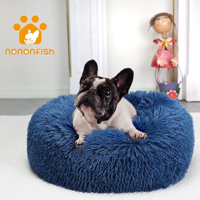 Puppy Bed for Calming Dog 23 Inches Navy Blue Anti-Anxiety Donut Dog Bed for Small Medium Dogs Washable Fuzzy Dog Bed Fits up to 15 lbs Pets Beds for Small Dog