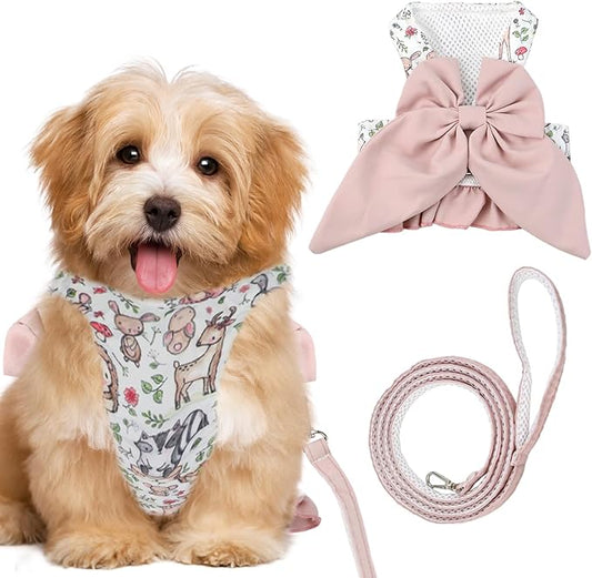 Small Medium Size Dog Harness and Leash Set with Bow Knot,No Pull Pet Floral Harnesses with D-Ring Soft Mesh Dog Harness Vest Set Escape Proof Harness for Dogs Cats Girl or Boy (L)