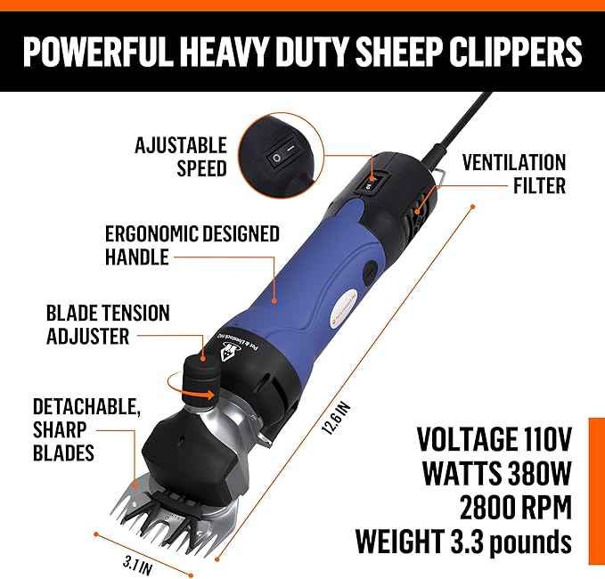 Sheep Shears Electric Clippers 2500RPM, 6-Speed Control - Heavy Duty Livestock Grooming Kit for Sheep, Goats, Alpacas, Llamas - Case, Low Vibration, 18.3ft Cord (1 Blade Included)