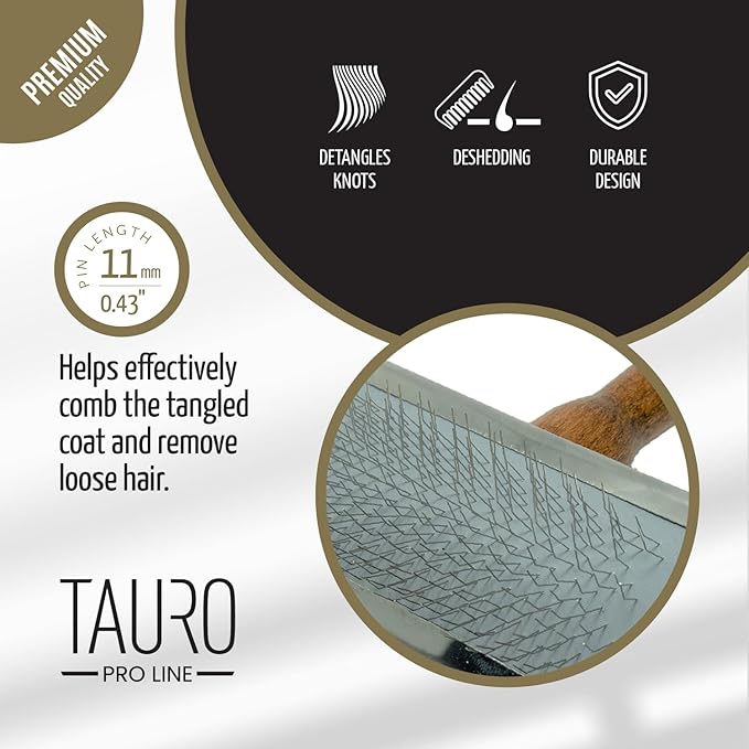 TAURO PRO LINE Wooden Dog Brush for Shedding Long and Short Hair, Wooden Soft Slicker for Grooming Haired Dogs and Cats, Metal Teeth And Sleek Design, 4,72 x 3,54 inch, M, Brown