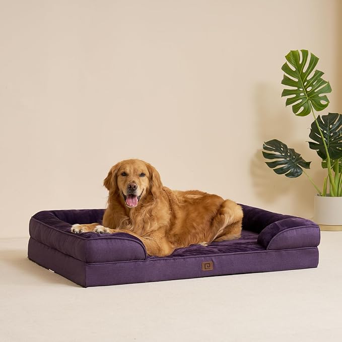 EHEYCIGA Orthopedic Dog Beds for Extra Large Dogs, Waterproof Memory Foam XXL Dog Bed with Sides, Non-Slip Bottom and Egg-Crate Foam Big Dog Couch Bed with Washable Removable Cover, Purple