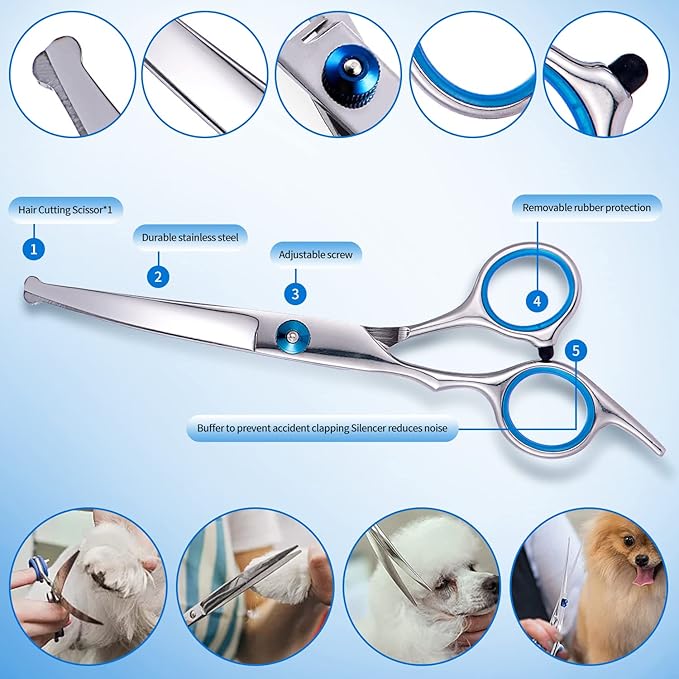 Professional Dog Grooming Scissors Kit with Round Tip Pet Grooming Scissors Kit-Straight & Thinning & Curved Pet Trimming Cutting Shears & Comb Set for Dog & Cat Grooming