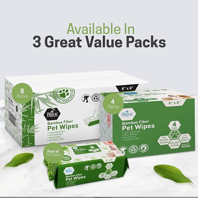 MED PRIDE Dog Wipes for Paws and Butt, Bamboo Fiber Cleaning Wipes with Aloe Vera & Vitamin E, Biodegradable, Hypoallergenic, XL 8 X 8 Inches, Pack of 100