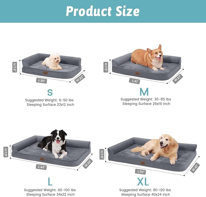 Orthopedic Dog Bed for Large Dogs,Washable Dog Sofa Beds Large, Supportive Foam Pet Couch Bed with Removable Washable Cover, Waterproof Lining and Nonskid Bottom,Grey(L,42" L x 30" W x 7.5" Th)