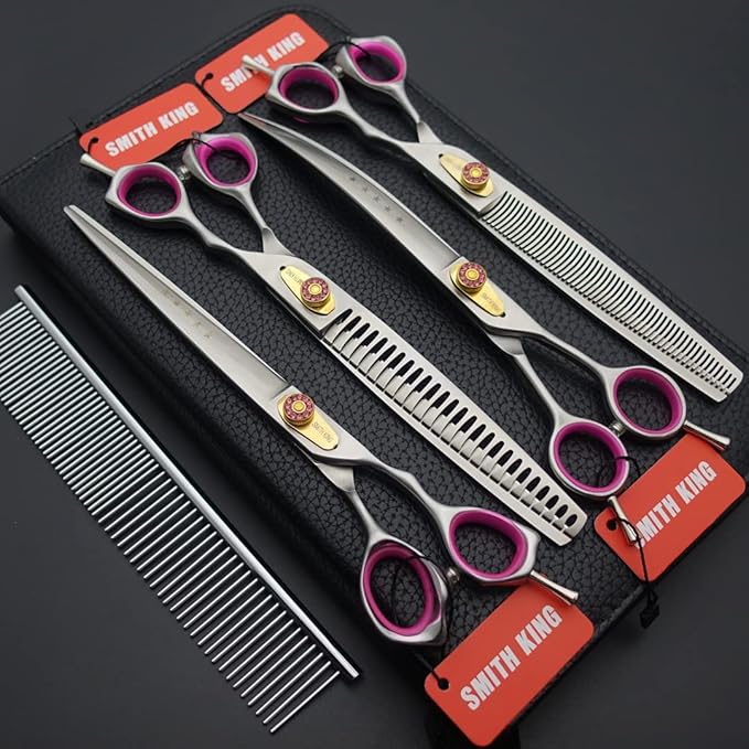 Professional Dog Grooming Shears Set Dogs Straight & thinning & Curved scissors & chunkers Scissorswith comb in 1 Set for Right-handed & Left-handed (8.0 Silvery right-handed)