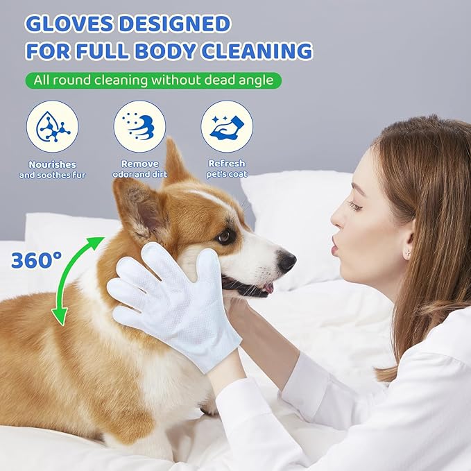 VOISEN 8 Pcs Pet Glove Wipes for Dogs and Cats, Cleaning & Deodorizing Bathing Grooming Wipes,Unscented Thick Nourish Fur Glove Wipes for Pet Dry Cleaning,Daily Care and Travel