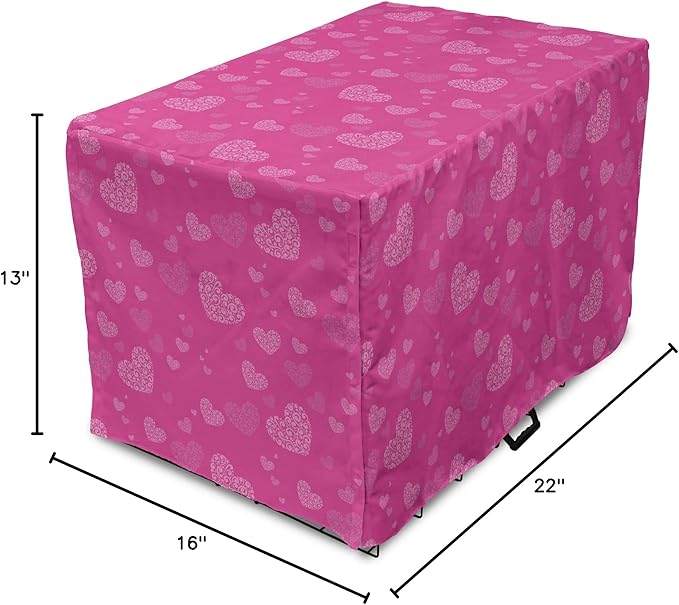 Lunarable Love Dog Crate Cover, Romantic Theme Abstract Heart Shapes Valentines Day 14th February Design, Easy to Use Pet Kennel Cover for Small Dogs Puppies Kittens, 22 Inch, Hot Pink
