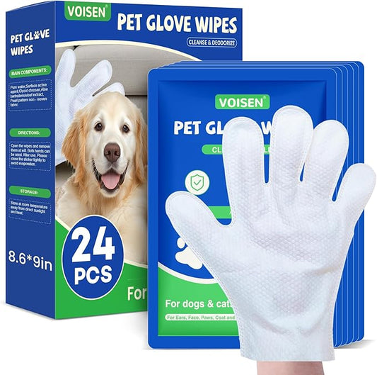 VOISEN 24 Pcs Pet Glove Wipes for Dogs and Cats,Cleaning & Deodorizing Bathing Grooming Wipes,Unscented Thick Nourish Fur Glove Wipes for Pet Dry Cleaning,Daily Care and Travel