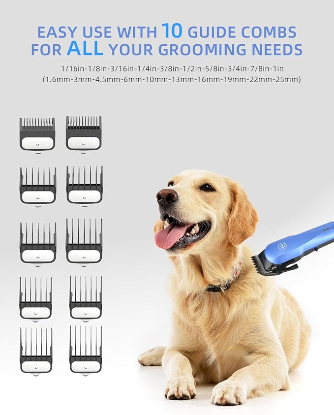 E-Hunter Professional Dog Grooming Clippers Kit, 24V High Power for Thick Coats, Quiet Dog Clippers with 10 Metal Guard Combs & Brush, Ideal Dog Hair Remover for Cats and Pets