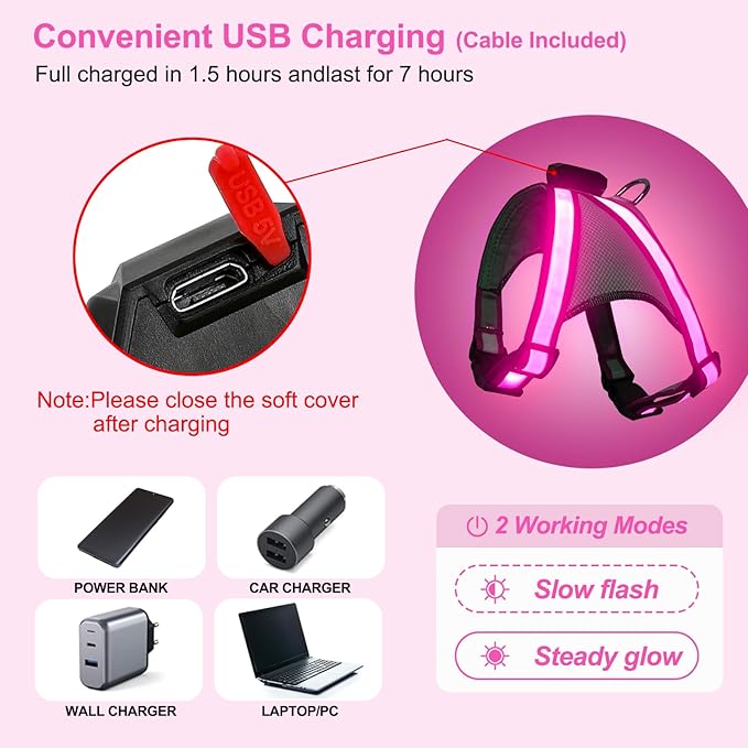 Visinite LED Dog Harness, USB Rechargeable Light Up Dog Harness Vest, 2 Illuminate Modes Glow in The Dark Dog Harness, Adjustable Lighted Dog Harness Light for Night Walking Safety (Pink, Small)