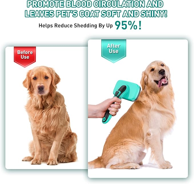 Dog Brush for Shedding, Self-Cleaning Slicker for Short & Long Haired Pets, Removes Mats, Tangles, Fur, Gentle on Skin, Ideal for Small, Medium, Large Dogs. Includes Flea Comb & Nail Clipper