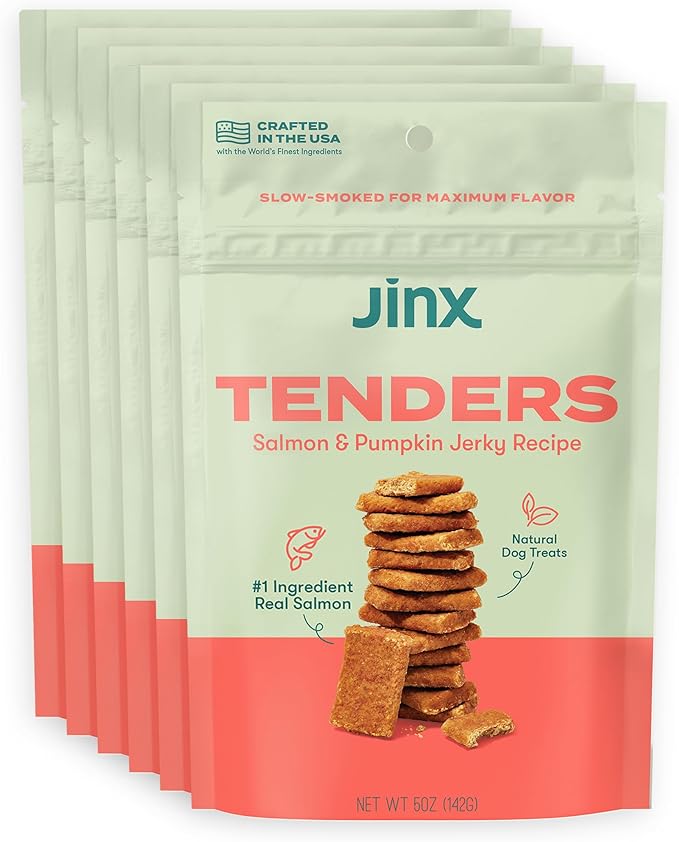 Jinx Tenders Salmon Jerky Dog Treats, All-Natural Ingredients, Soft and Chewy, Low-Calorie, Slow-Smoked Salmon & Pumpkin, No Fillers, 5oz, 6 Pack