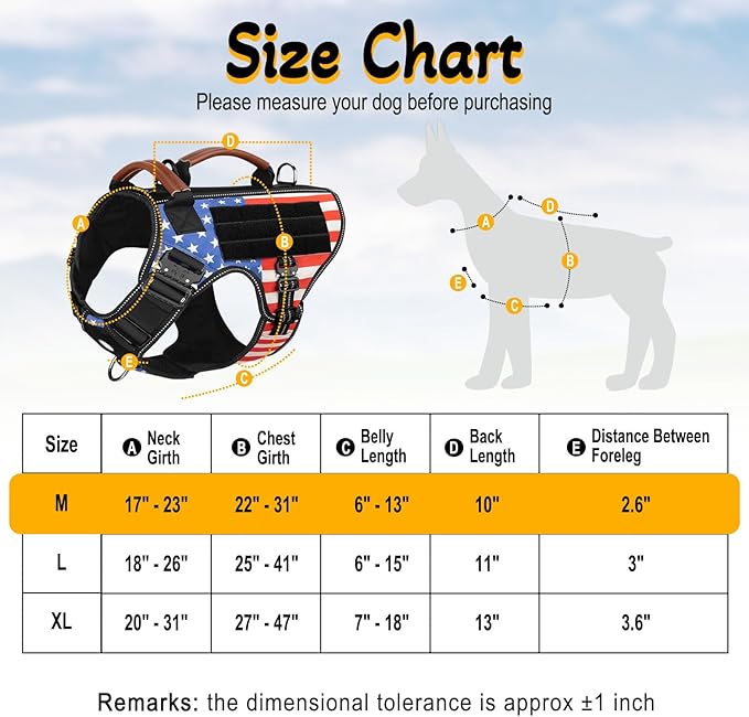 Service Dog Vest - HEYCAHVA Tactical Dog Harness Full Metal Buckles Dog Vest for Large Medium Dog Reflective No Pull Dog Harnesses with Leather Handle, Hook & Loop for Hiking Training (Flag, M)