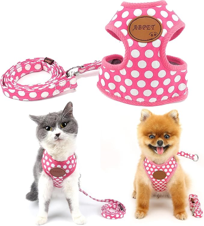 SMALLLEE_LUCKY_STORE New Soft Mesh Nylon Vest Polka Dot Pet Cat Small Medium Dog Harness Dog Leash Set Leads Pink L