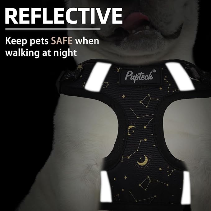 PUPTECK No Pull Dog Harness and Leash Set Reflective No Choke Step in Puppy Halter for XS Small and Medium Sized Dogs, Black, Printed Fabric, S