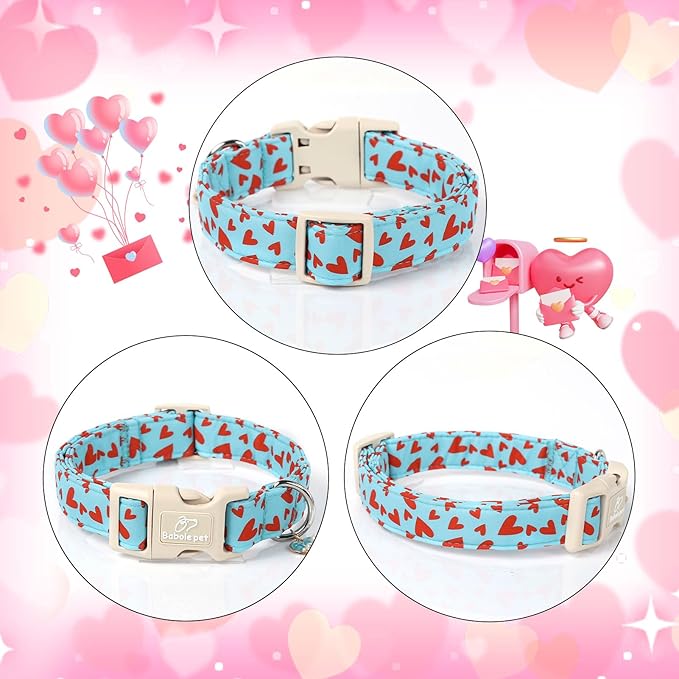 Valentine's Day Dog Collar - Cute Blue Valentines Dog Collar Girl Boy Durable Adjustable Red Heart Pattern Charm Dog Collars for Small Medium Large Dogs XS