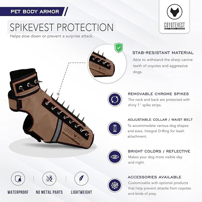 CoyoteVest SpikeVest Dog Harness Vest for Small Dogs, Reflective Dog Vest with Spikes to Shield Your pet from Coyotes, Raptor and Animal Attacks, Anti Hawk Vest, Made in USA (L-Texas Tan)