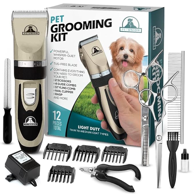 Pet Union Professional Dog Grooming Kit - Rechargeable, Cordless Pet Grooming Clippers & Complete Set of Dog Grooming Tools. Low Noise & Suitable for Dogs, Cats and Other Pets (Gold)