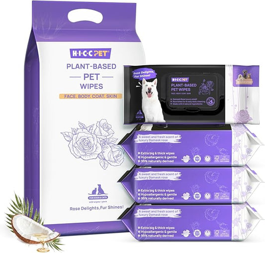 HICC PET Cleaning Deodorizing Wipes for Dogs & Cats, Vet Recommended Nourishes Smoothes Fur Pet Grooming Wipes with Fermented Coconut Oil, Hypoallergenic Dog Wipes for Paws and Butt, Face, Body