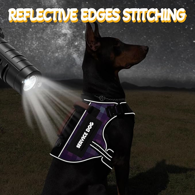 Service Dog Vest - HEYCAHVA Tactical Dog Harness Full Metal Buckles Dog Vest for Large Medium Dog Reflective No Pull Dog Harnesses Vest with Leather Handle, Hook & Loop for Hiking Training(Purple, L)