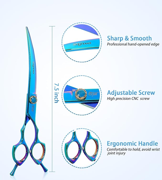 7.5'' Dog Curved Scissors for Grooming 440C Stainless Steel Green Professional Pet Trimming Scissors Sharp Blades Cutting for Dogs and Cats Shears