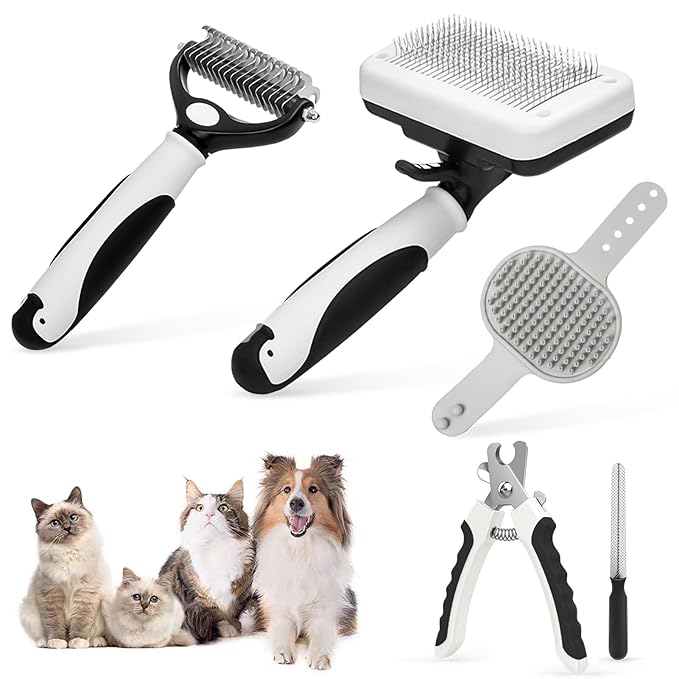 Self-Cleaning Slicker Brush, 5PCS Dog Grooming Kit, Double Sided Undercoat Rake Shedding Comb Pet Hair Remover for Cats & Dogs, Pet Nail Clipper with Nail File, Dog Bath Brush (White, 5PCS)
