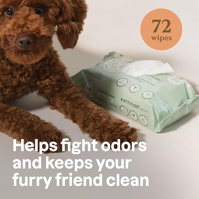 ATTITUDE Pet Grooming Wipes, Plant and Mineral-Based Ingredients, Vegan and Cruelty-Free Biodegradable Products, Unscented, 72 count