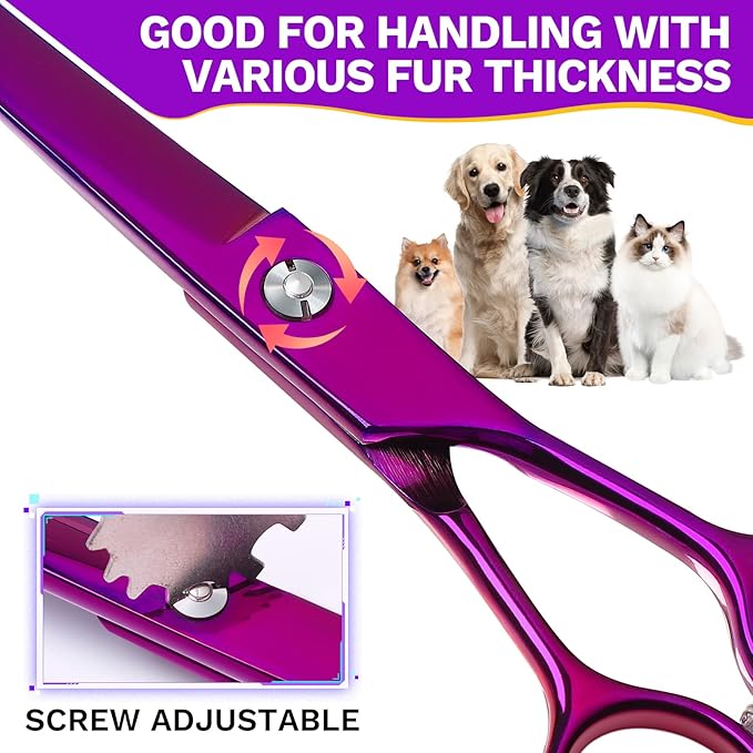 JASON 7.5" Dog Grooming Scissor - Professional Down-curved Shear with Ergonomic Handle Japanese Stainless Steel Trimming Scissor for Dogs, Cats and Other Pets, Sharp (Curved, Purple)