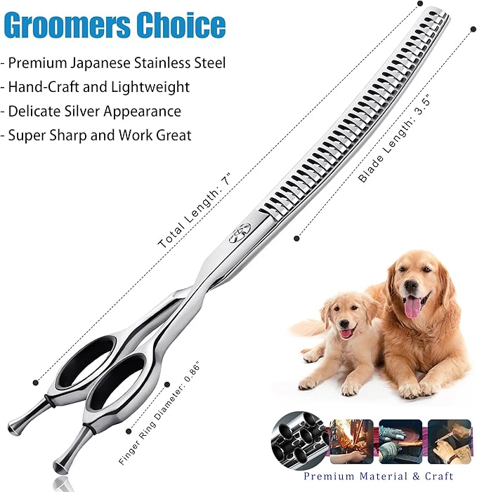 7" Upward Curved Dog Chunker Thinning Scissors Silver Dog Grooming Scissors Professional Blending Texturizing Trimming Shears for Dog Cat Pet Japanese Stainless