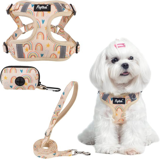 PUPTECK No Pull Dog Harness and Leash Set Reflective No Choke Step in Puppy Halter for XS Small and Medium Sized Dogs, Beige, Printed Fabric, S