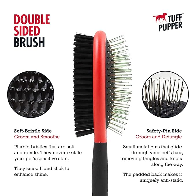 Tuff Pupper Double Sided Dog Brush, Detangling Tool for Dogs and Cats, Pin & Bristle Pet Brush, for and Hair Types, With Comfort-Grip Anti-Slip Handle, Brown, Black, White
