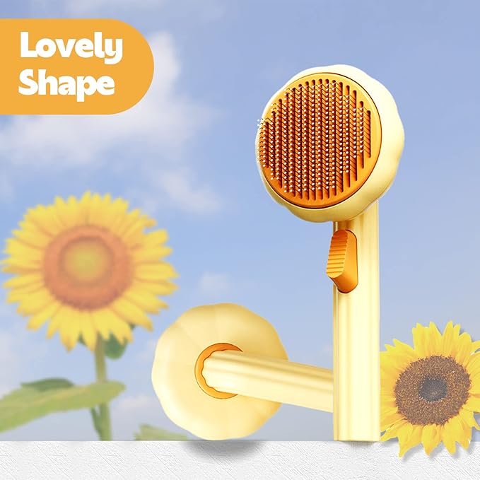 Sunflower Cat Dog Brush (Yellow) - Self Cleaning Cat Brush, Pet Grooming Shedding Brush for Long and Short Haired Dogs Cats