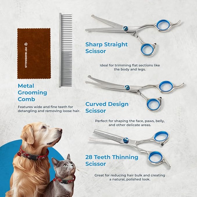 Professional Pet Grooming Scissors Set, 5-in-1 Stainless Steel Kit with Comb